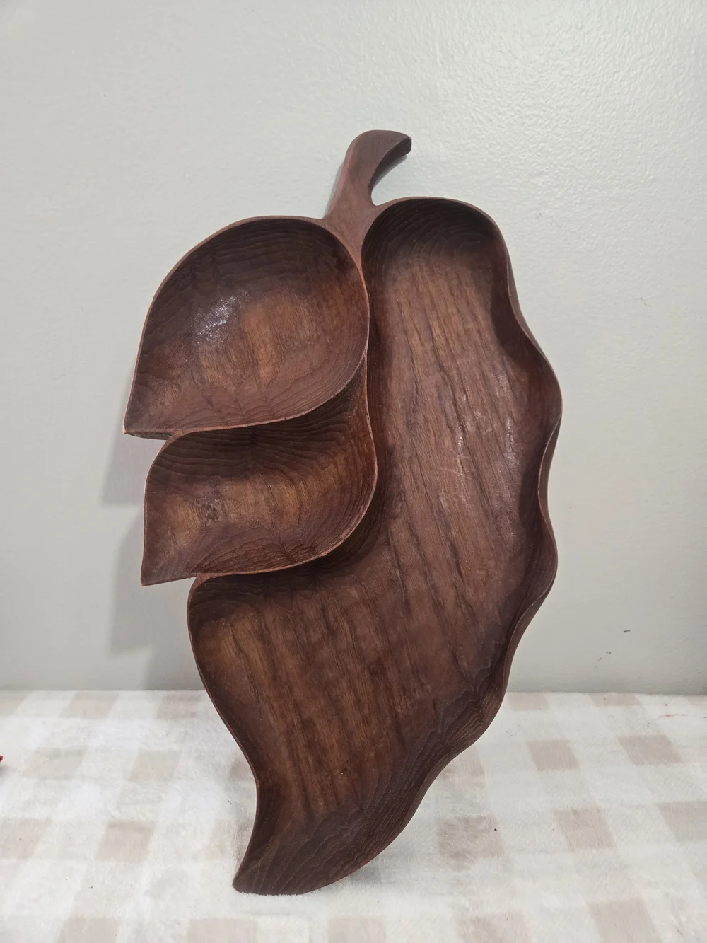 Leaf-Shaped Wood Serving Tray, 3 Compartments, Dark Brown, 18 in